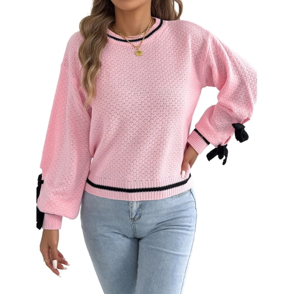 Women Knit Crew Neck Contrast Lantern Long Sleeve Pullover Sweater with Decorative Cuff Straps Pink S