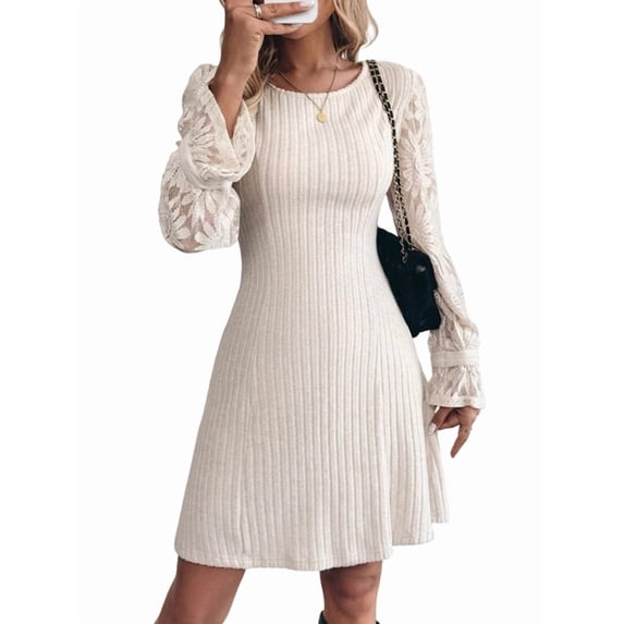 Women Knit Crew Neck Solid Color Sweater Dress Lace Floral Sleeve Texture Pullover A Line Dresses S