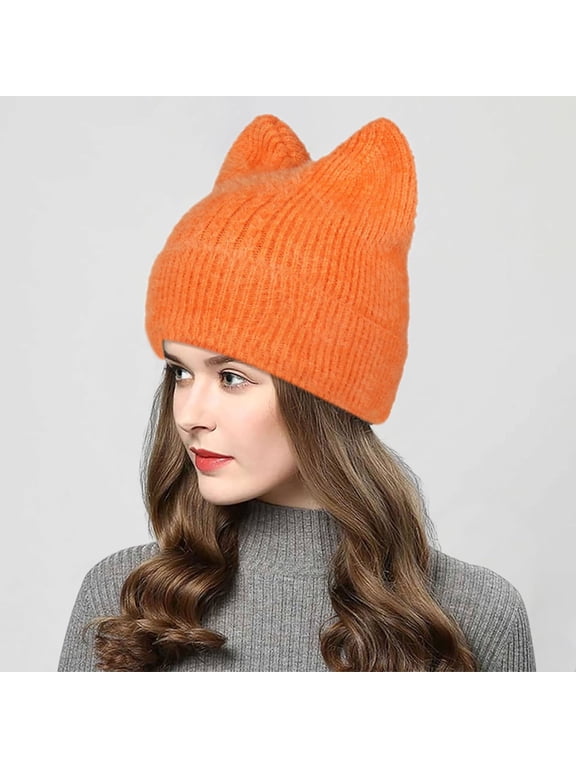 Women Knit Crochet Cute Furry Cat Hat With Ear Slouchy Wool Winter Warm Hats Thermal Head Cap Long Hat for Men Plaid Hat And Ears Mad Hat Women Flannel Trapper Hat for Men Winter Hat with Man Hat for