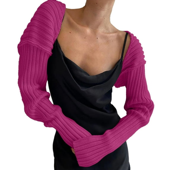 Women Knit Crochet Long Sleeve Crop Top Bolero Cardigan Contrast Color Vintage Cropped Sweater