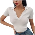 thumbnail image 1 of Women Knit Crop Shirts,Summer Short Sleeve Ribbed Collared T-Shirt Solid Fitted V-Neck Tops, 1 of 5