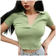 thumbnail image 1 of Women Knit Crop Shirts,Summer Short Sleeve Ribbed Collared T-Shirt Solid Fitted V-Neck Tops, 1 of 5