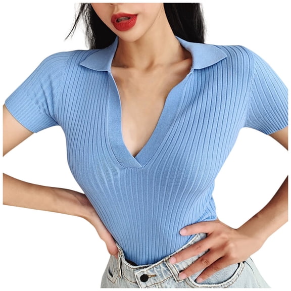 Women Knit Crop Shirts,Summer Short Sleeve Ribbed Collared T-Shirt Solid Fitted V-Neck Tops