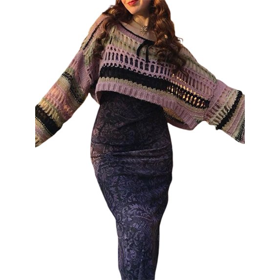 Women Knit Crop Tops, Long Sleeve Crew Neck Hollowed Contrast Color Loose Ladies Tops