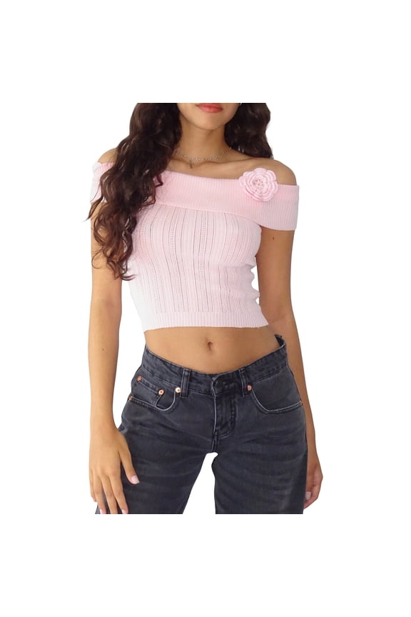 Women Knit Crop Tops Solid Color 3D Flower Boat Neck Off Shoulder T-Shirts Summer Slim Fit Shirts Streetwear