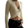 thumbnail image 1 of Women Knit Crop Tops Solid Color Ribbed Front Cross Low Cut Long Sleeve Sweaters Streetwear, 1 of 7
