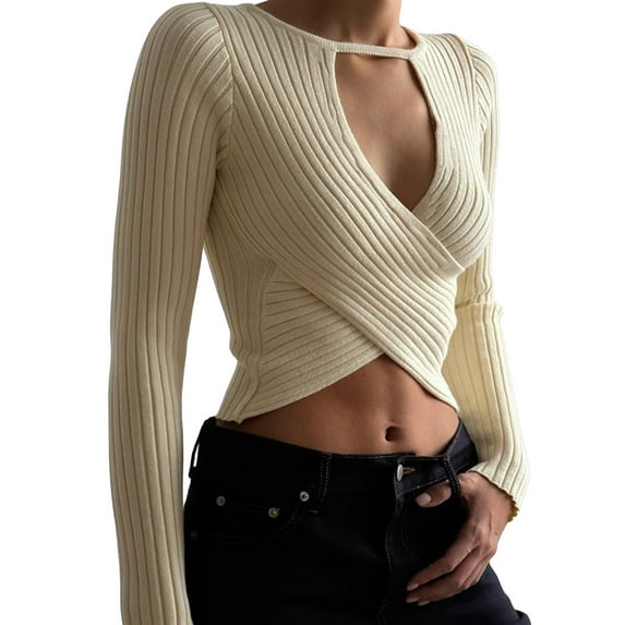 Women Knit Crop Tops Solid Color Ribbed Front Cross Low Cut Long Sleeve Sweaters Streetwear
