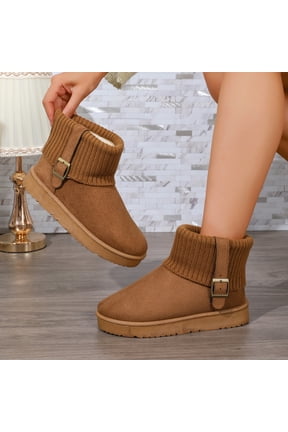Women Knit Cuff Ankle Snow Boots, Faux Suede Warm Fuzzy Lined Winter Booties with Metal Buckle, Slip On Non-Slip Platform Casual Shoes Brown 5(36)