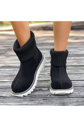 Women Knit Cuff Winter Ankle Snow Boots, Faux‑Suede Hand‑Stitched Short Booties, Lug Sole Warm Platform Boots