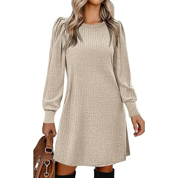Women Knit Dress Puff Long Sleeve Dress for Winter Spring Round Neck Casual Tunic Dress