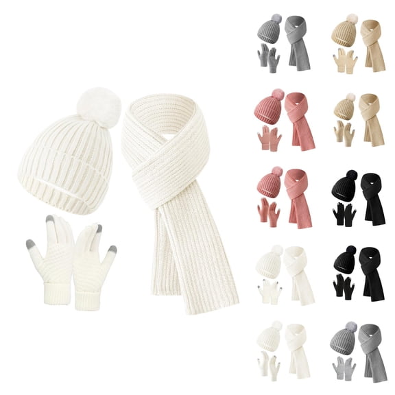 Women Knit Hat Scarf Gloves Set - Plush Thick Beanie Neck Warmer Mittens, Winter Warm Stocking Stuffers, Fashion Christmas Gifts For Teen Girls