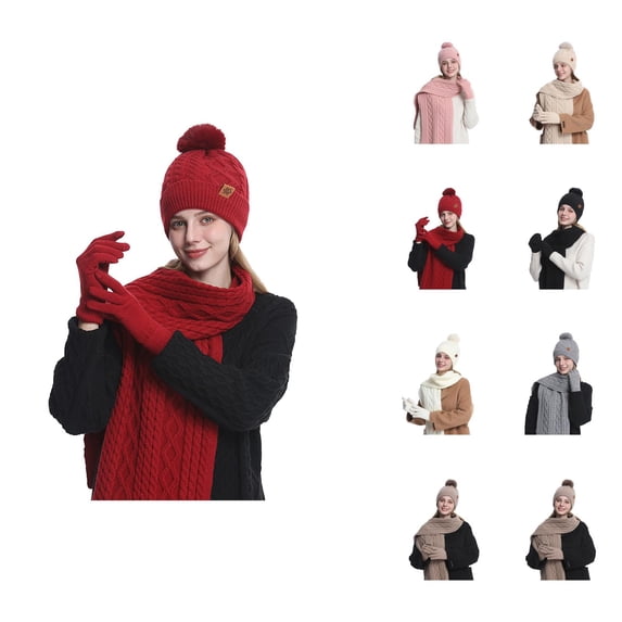 Women Knit Hat Scarf Gloves Set â Warm Lined Winter Accessories for Cold Weather Protection, Cozy Style Thermal Gear for Outdoor Travel Walking Daily Wear, Winter Stylish Gift Ideas Ski
