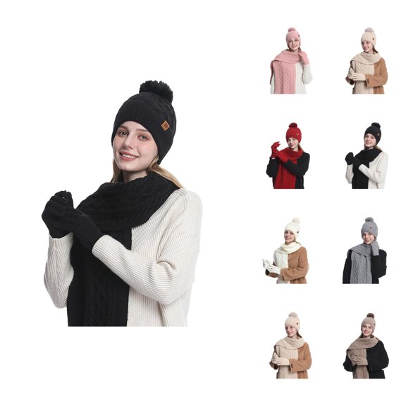 Women Knit Hat Scarf Gloves Set â Warm Lined Winter Accessories for Cold Weather Protection, Cozy Style Thermal Gear for Outdoor Travel Walking Daily Wear, Winter Stylish Gift Ideas Ski