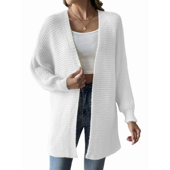 Women Knit Long Cardigan Long Sleeve Open Front Oversized Sweater Coat White L