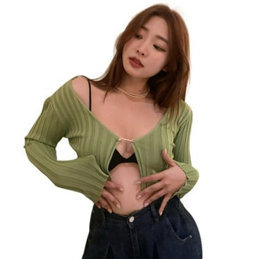 Women Knit Long Sleeve Crop Tops V Neck Ribbed Slim Fit Tee T Shirt Sexy Blouses Retro Going Out Streetwear