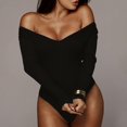thumbnail image 1 of Women Knit Long Sleeve Off Shoulder Romper Jumpsuit Stretch Bodysuit Leotard Top, 1 of 4
