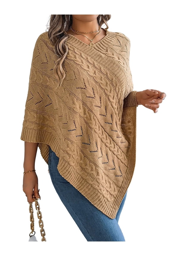 Women Knit Poncho Sweater Irregular Hallow Out Cape Casual Fashion Knitted Shawl Wraps Fall Winter Khaki XL