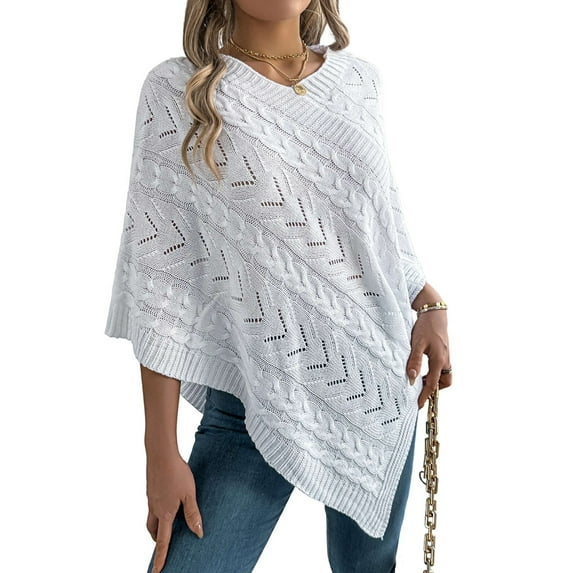 Women Knit Poncho Sweater Irregular Hallow Out Cape Casual Fashion Knitted Shawl Wraps Fall Winter White M