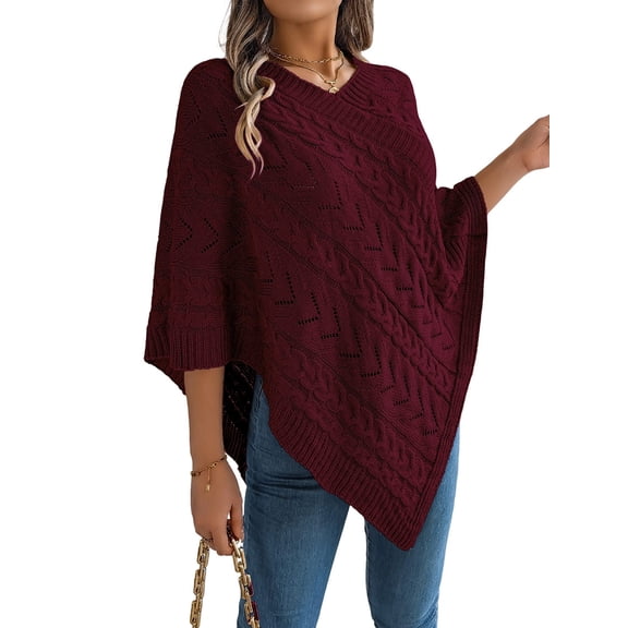 Women Knit Poncho Sweater Irregular Hallow Out Cape Casual Fashion Knitted Shawl Wraps Fall Winter Wine Red M