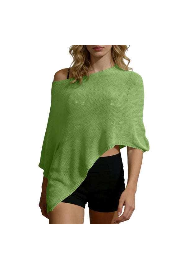 Women Knit Poncho Top Y2k Off Shoulder Crochet Sheer Shawl Asymmetrical Hem Cover Up Shrug Sweater