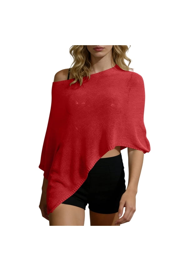 Women Knit Poncho Top Y2k Off Shoulder Crochet Sheer Shawl Asymmetrical Hem Cover Up Shrug Sweater