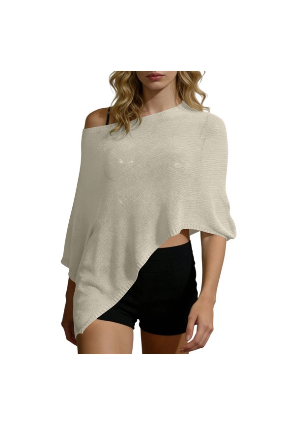 Women Knit Poncho Top Y2k Off Shoulder Crochet Sheer Shawl Asymmetrical Hem Cover Up Shrug Sweater