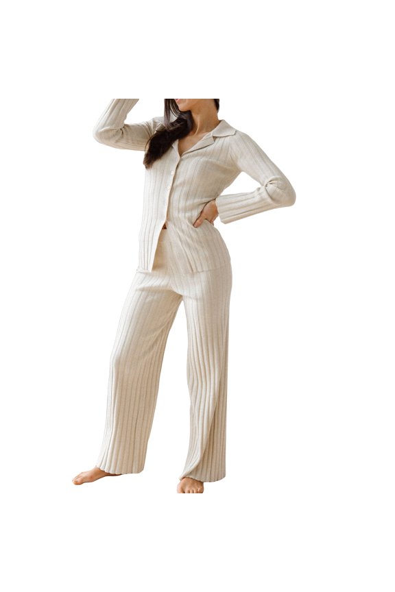 Women Knit Set, Long Sleeve Turn-down Collar Shirt with Elastic Waist Pants Ribbed Fall Outfit