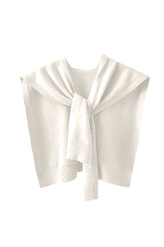 Women Knit Shawl Solid Color Tie Knot Shoulder Wrap Sweater False Collar Scarf White Free