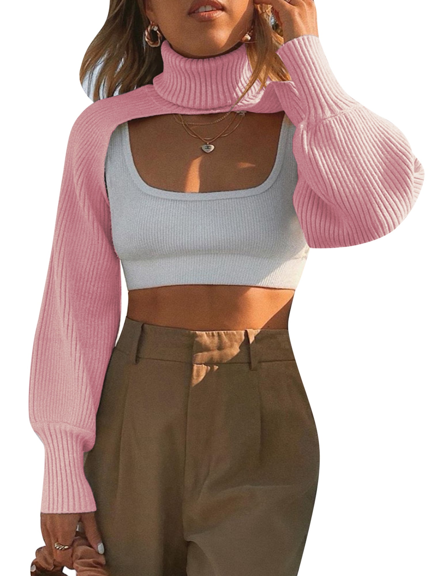 Women Knit Shrugs Pullover Mini Sweater Backless Long Puff Sleeve Club Knitwear Crop Top