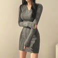 thumbnail image 1 of Women Knit Slim Sexy Bodycon Dress V-Neck Long Sleeve Dress Solid Casual Midi Sweater Dress For Women 2024 Autumn Winter, 1 of 9