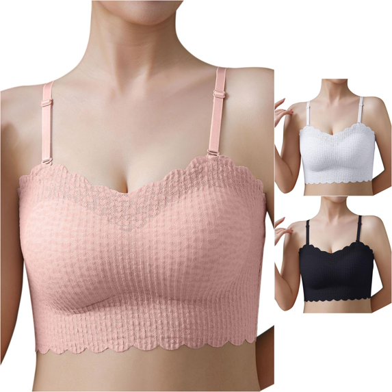 Women Knit Strapless Bandeau Bra Scalloped Lace Edge Antiâ Invisible TubeâTop Bralette for Layering