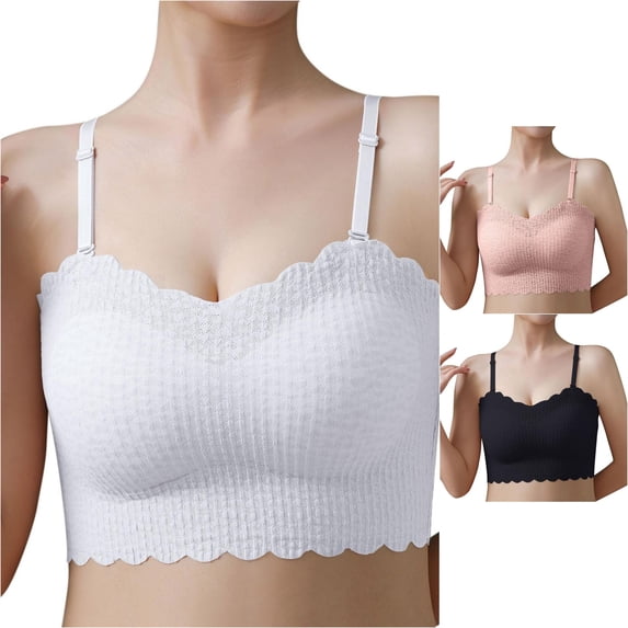 Women Knit Strapless Bandeau Bra Scalloped Lace Edge Antiâ Invisible TubeâTop Bralette for Layering