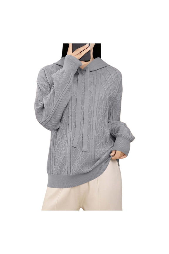 Women Knit Sweater 2026 Fall Hoodie Sweaters Long Sleeve Solid Color Drawstring Hooded Pullover Tops Fashion Must Have