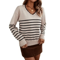 Women Knit Sweater Casual V Neck Striped Print Loose Pullover Long Sleeve Sweater Tops S