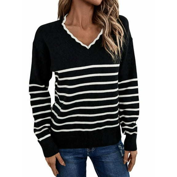 Women Knit Sweater Casual V Neck Striped Print Loose Pullover Long Sleeve Sweater Tops Black M