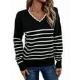 thumbnail image 1 of Women Knit Sweater Casual V Neck Striped Print Loose Pullover Long Sleeve Sweater Tops Black XL, 1 of 9