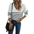 thumbnail image 1 of Women Knit Sweater Casual V Neck Striped Print Loose Pullover Long Sleeve Sweater Tops White L, 1 of 9