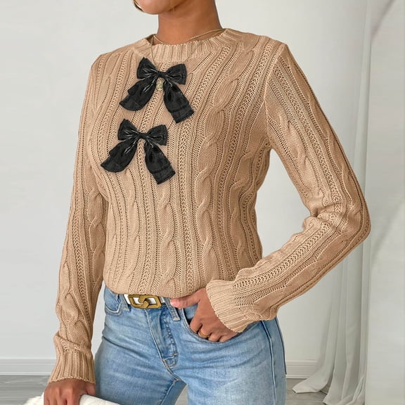 Women Knit Sweater Crew Neck Long Sleeve Cable Knitted Pullover Fall Winter Trendy Casual Comfy Cute Tops (S, Khaki-A)