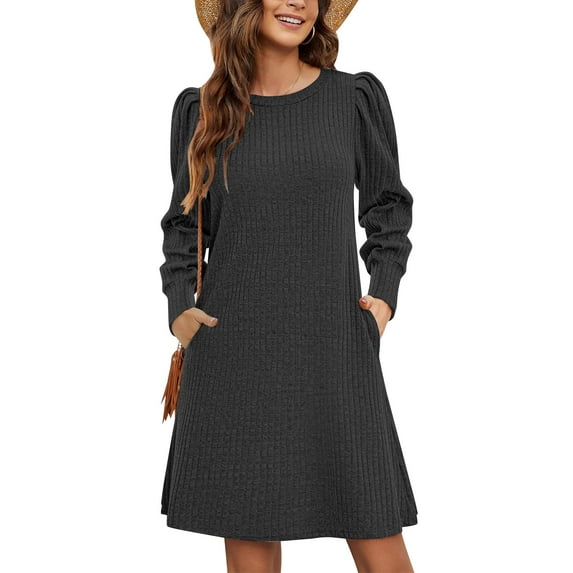 TEMOFON Women Knit Sweater Dress Puff Long Sleeve Dress for Fall Winter Round Neck Casual Tunic Dress with Pockets