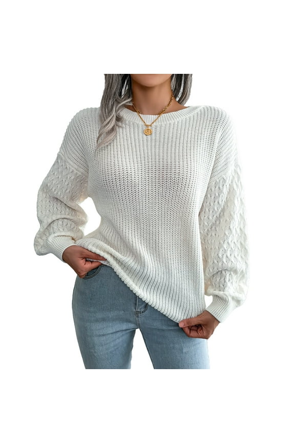 Women Knit Sweater Lantern Sleeve Round Neck Soft Breathable Loose Fit Lady Casual Top for Autumn Winter White M