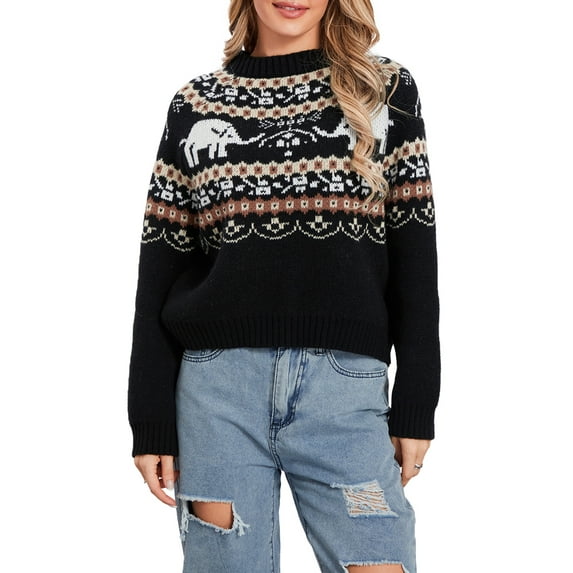 Women Knit Sweater Long Sleeve Crew Neck Elephant Pullover Warm Sweater for Fall Winter