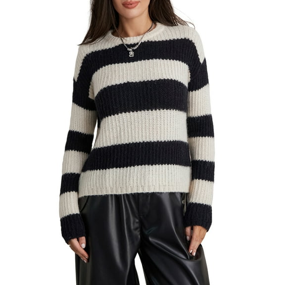 Women Knit Sweater Long Sleeve Crew Neck Hollowed Striped Sweater Pullover for Fall Winter