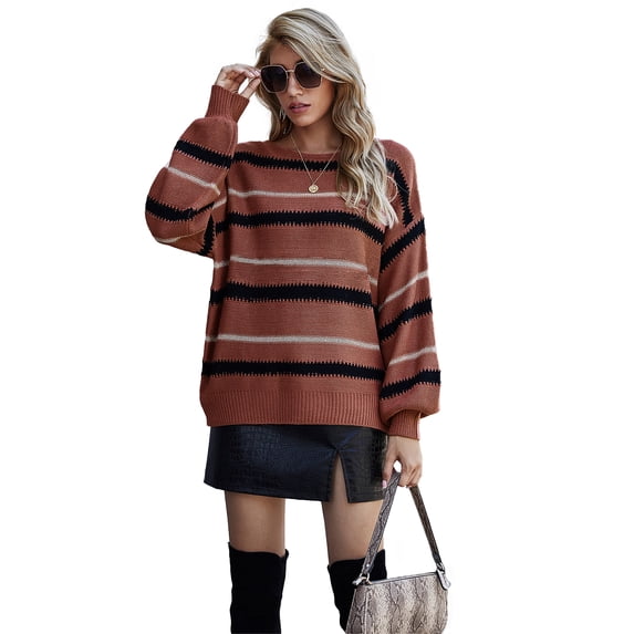 Women Knit Sweaters Color Block Striped Pullover Long Sleeve Scoop Neck Sweater, Burgundy, X-Large