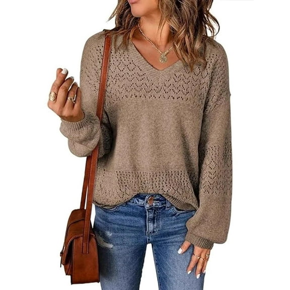 Women Knit Sweaters Fall V Neck Long Sleeve Pullover Casual Loose Sweater Coffee S