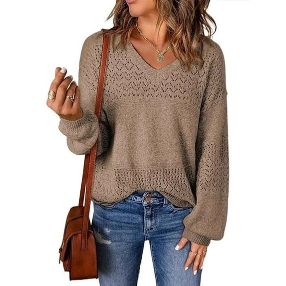 Women Knit Sweaters Fall V Neck Long Sleeve Pullover Casual Loose Sweater Coffee XXL