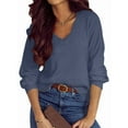 thumbnail image 1 of Women Knit Sweaters Fall V Neck Long Sleeve Pullover Casual Loose Sweater Dark Blue XL, 1 of 5