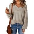thumbnail image 1 of Women Knit Sweaters Fall V Neck Long Sleeve Pullover Casual Loose Sweater Khaki XL, 1 of 8