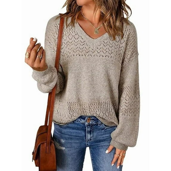 Women Knit Sweaters Fall V Neck Long Sleeve Pullover Casual Loose Sweater Khaki XS