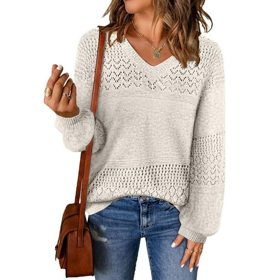 Women Knit Sweaters Fall V Neck Long Sleeve Pullover Casual Loose Sweater White XXL
