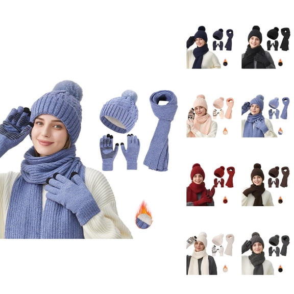 Women Knit Three Piece Set - Double Layer Plush Hat Scarf Gloves Combo, Winter Warm Stocking Stuffers, Christmas Gifts For Teen Girls Cold Weather